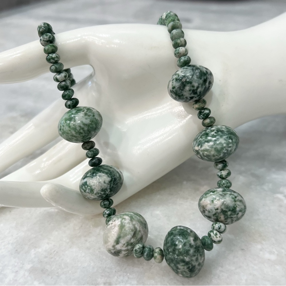 Green Jasper Large & Small Beaded Silver 18” 
Necklace